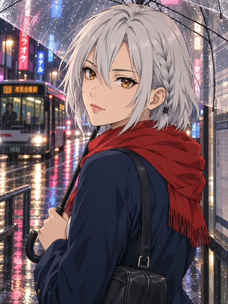 Mika at a rainy bus stop at night under a clear umbrella, looking back over her shoulder.