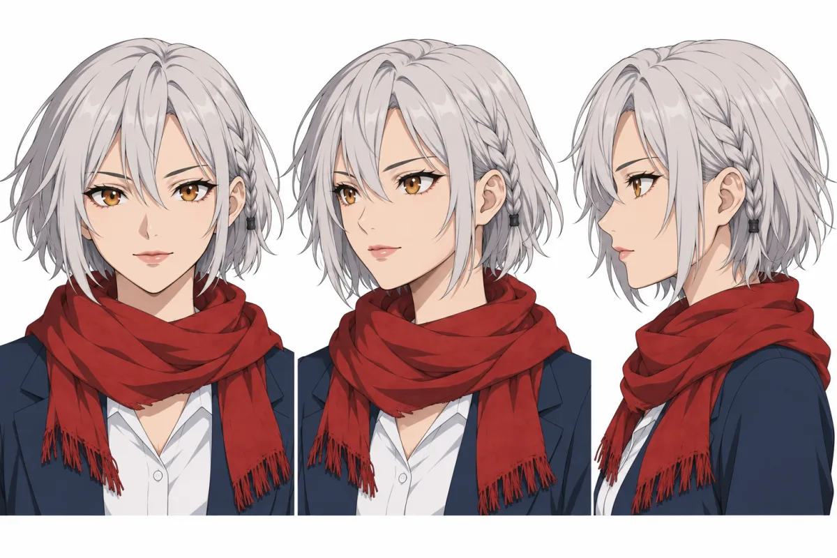 Character sheet of Mika: front, three-quarter and profile views with the red scarf and navy blazer.