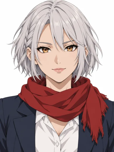 Anime portrait option 1: a woman with a choppy silver bob, amber eyes and a red scarf.