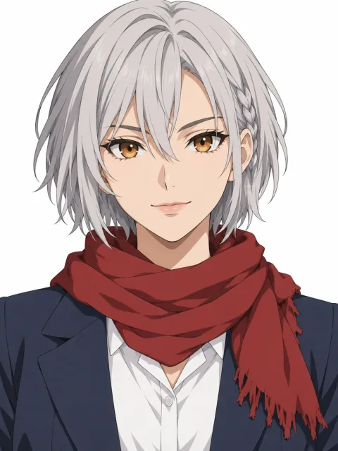 Anime portrait option 2: a woman with a choppy silver bob, amber eyes and a red scarf.