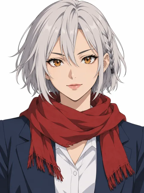 Anime portrait option 3: a woman with a choppy silver bob, amber eyes and a red scarf.