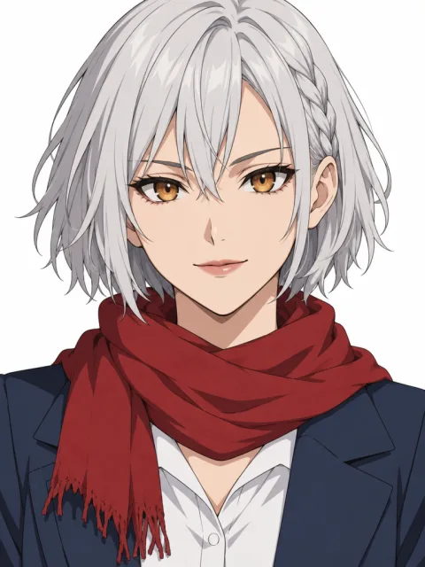Anime portrait option 4: a woman with a choppy silver bob, amber eyes and a red scarf.