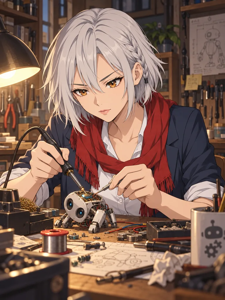 Mika soldering a tiny robot at a cluttered workbench under a desk lamp.