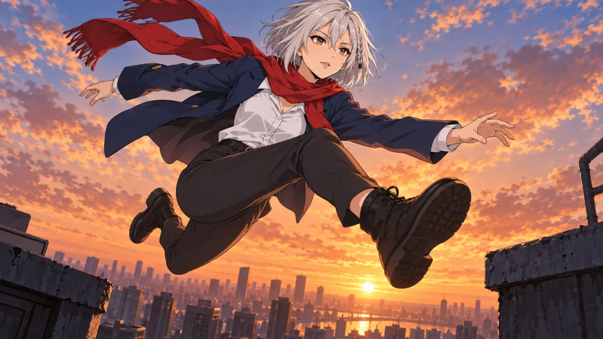 Mika mid-jump across a rooftop gap at sunset, red scarf trailing, city skyline below.
