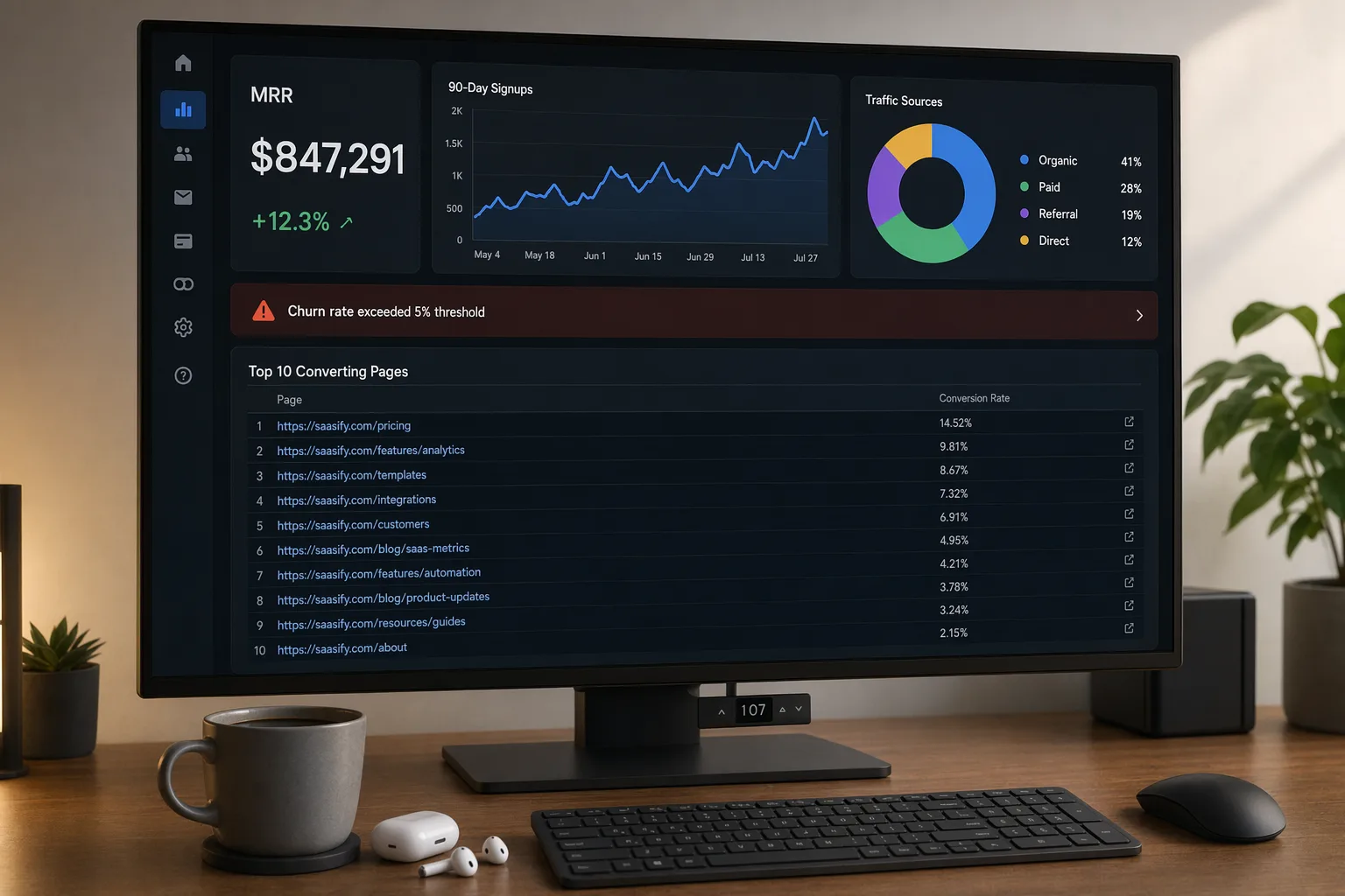 GPT Image 2 generated SaaS analytics dashboard on a monitor