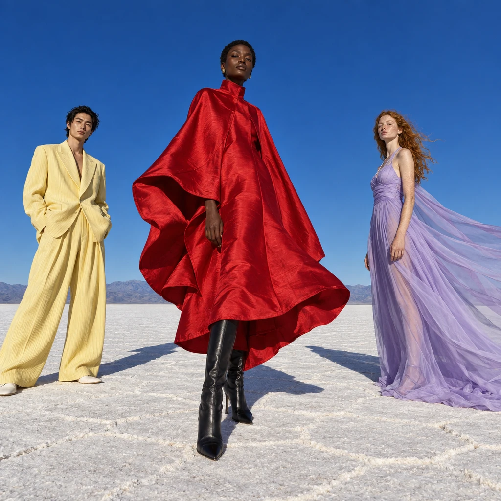 GPT Image 2.5 Flare: fictional adult fashion models on a salt flat beneath a cobalt sky.