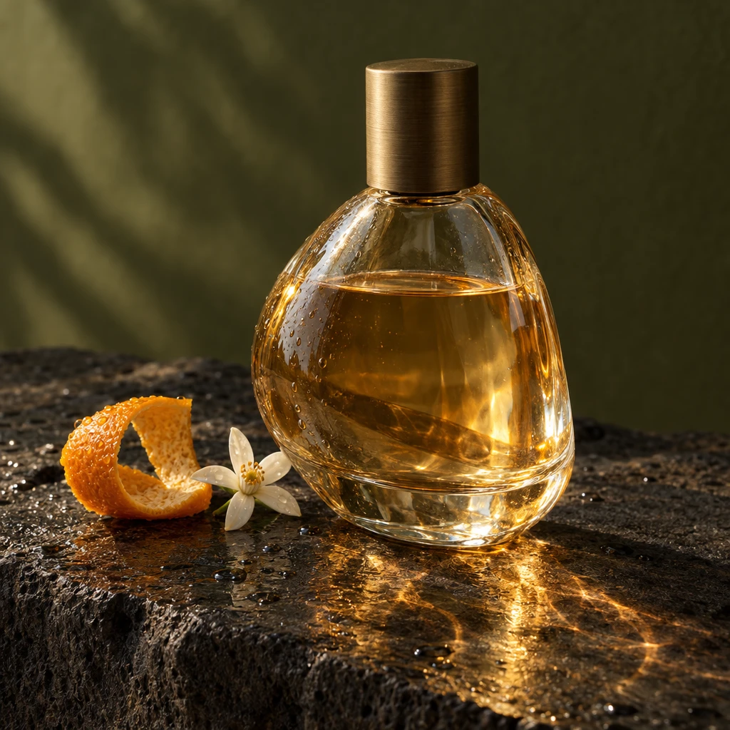 GPT Image 2.5 Flare: a fictional amber-glass perfume bottle in an advertising still life.