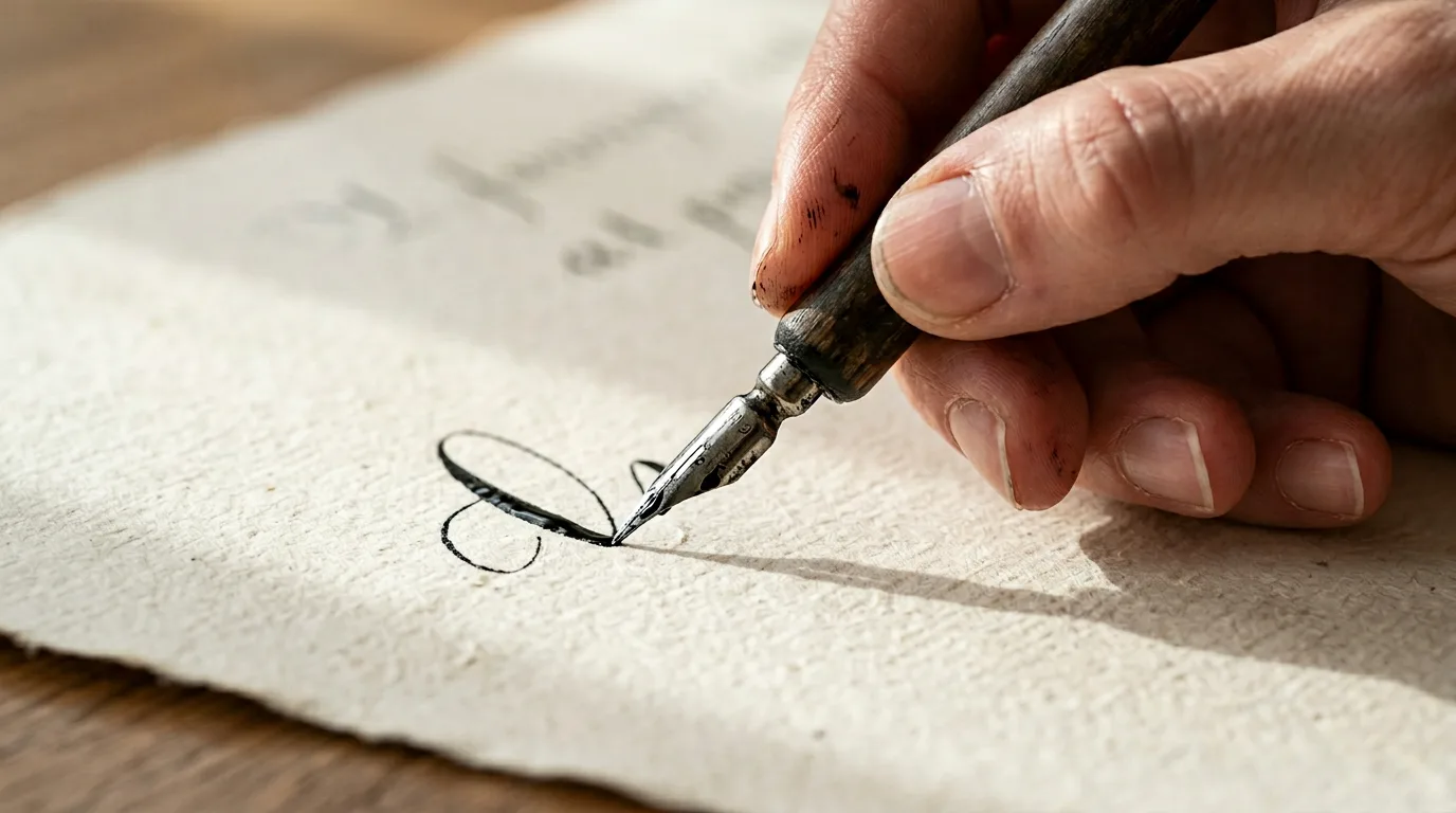 AI-generated calligrapher hand and nib pen close-up created with Nano Banana 2 on Morphed
