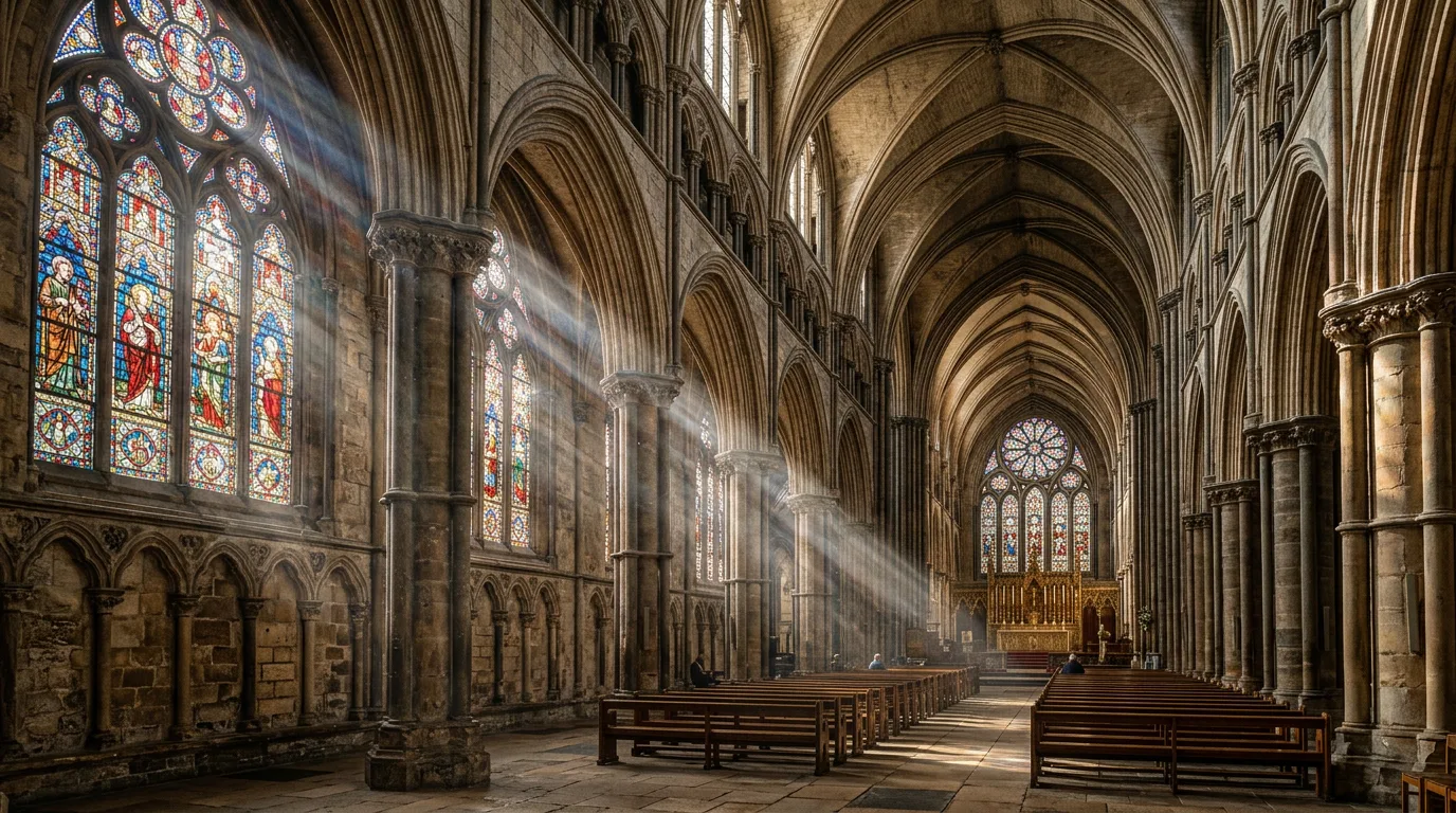 AI-generated cathedral interior with stained glass and light streaming through dust particles, created with Nano Banana 2