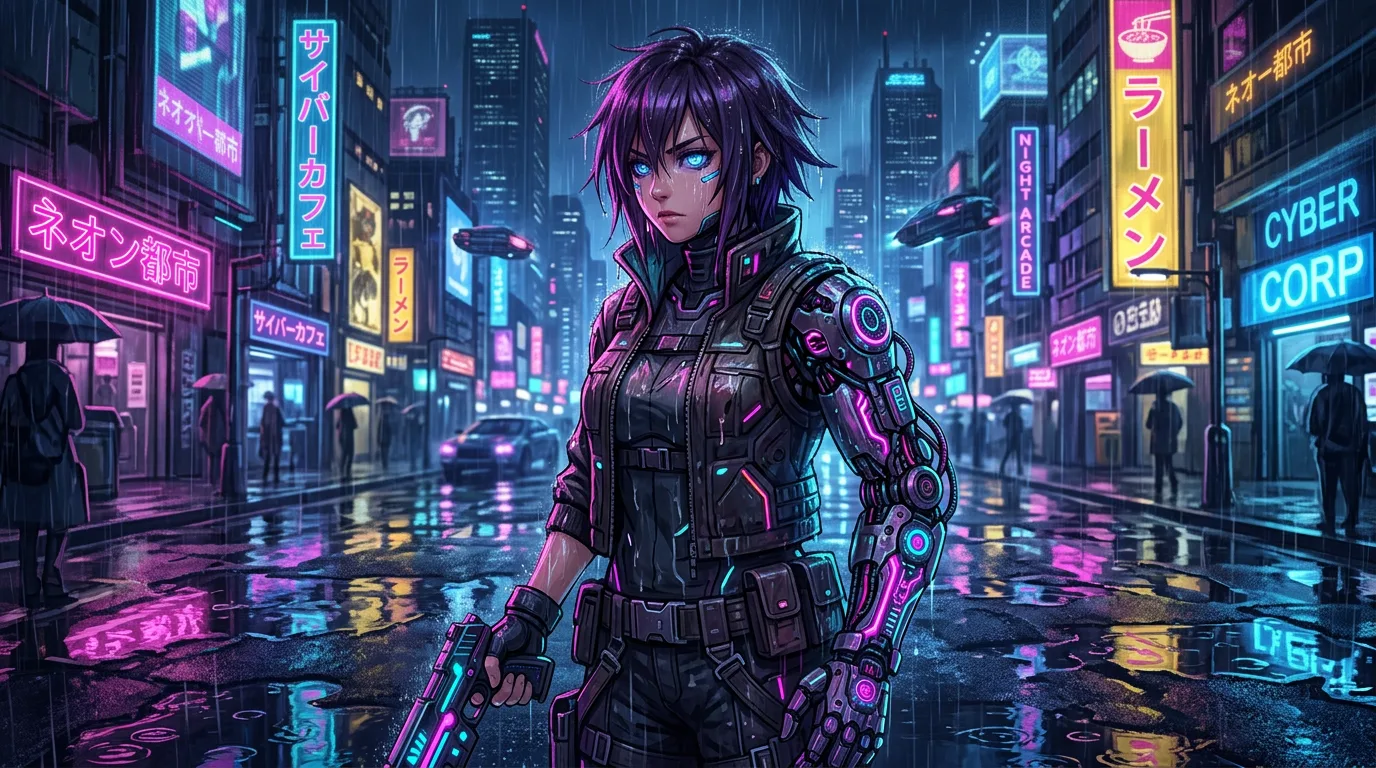 AI-generated cyberpunk cyborg anime neon rain scene using Nano Banana prompts