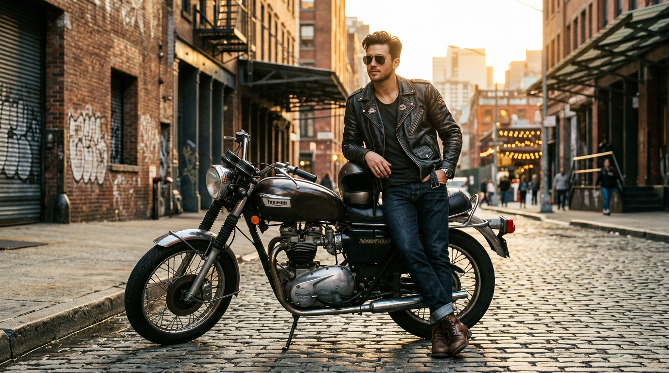Stylish man on a vintage motorcycle in an urban setting generated with Nano Banana