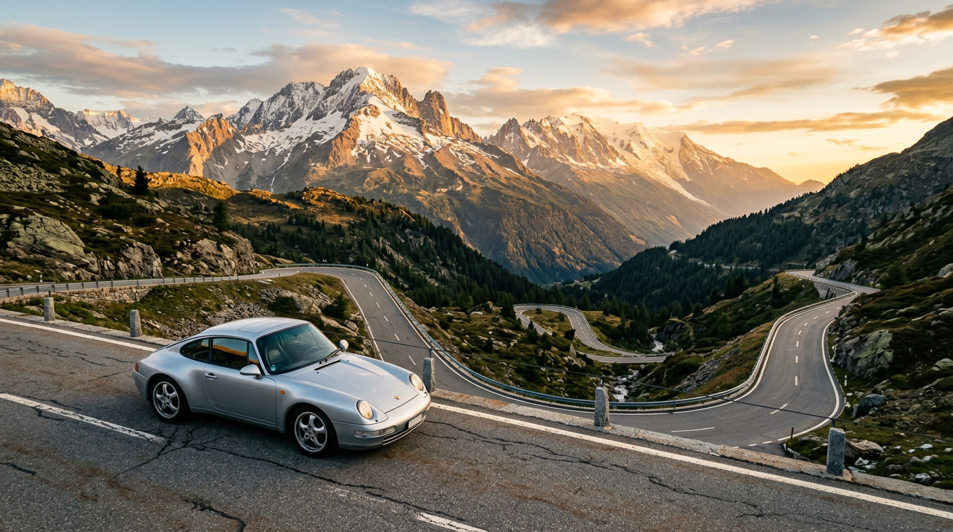 AI-generated Porsche on mountain pass using Nano Banana prompts