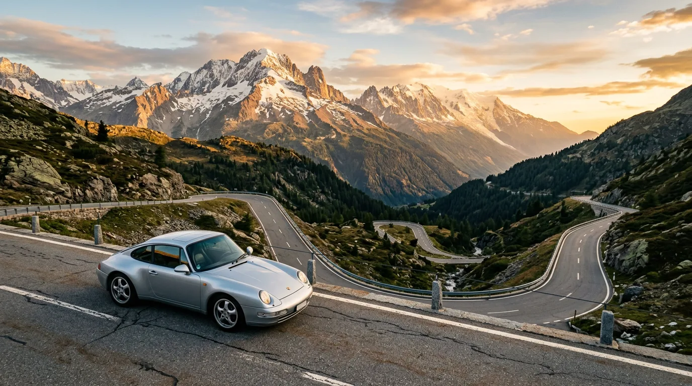 AI-generated Porsche on mountain pass using Nano Banana prompts