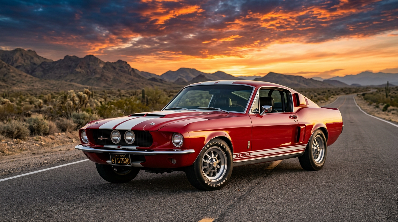 AI-generated classic red Mustang on a desert highway at sunset using Nano Banana