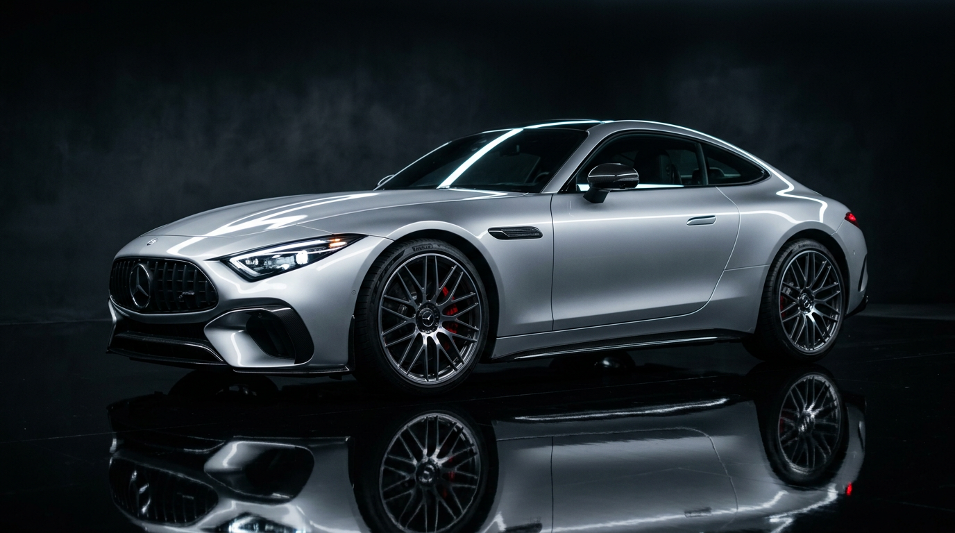 AI-generated studio sports car on reflective surface using Nano Banana prompts
