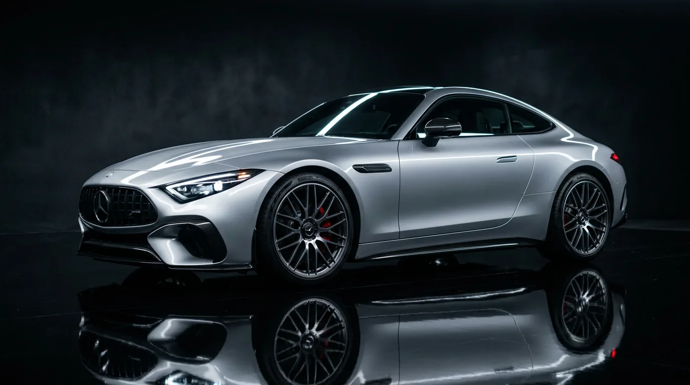 AI-generated studio sports car on reflective surface using Nano Banana prompts