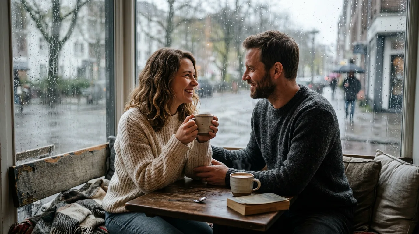 Couple sharing coffee on rainy day by window generated with Nano Banana