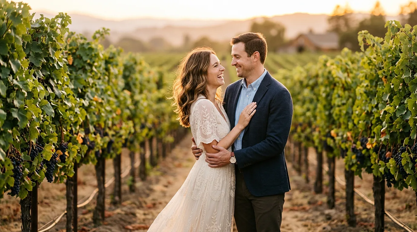 Vineyard engagement portrait generated with Nano Banana on Morphed
