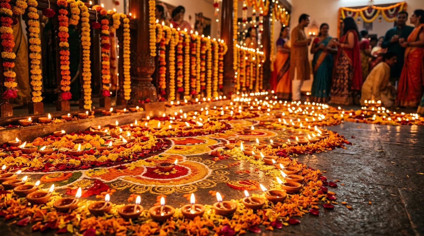 AI-generated Diwali festival scene with diyas and rangoli using Nano Banana