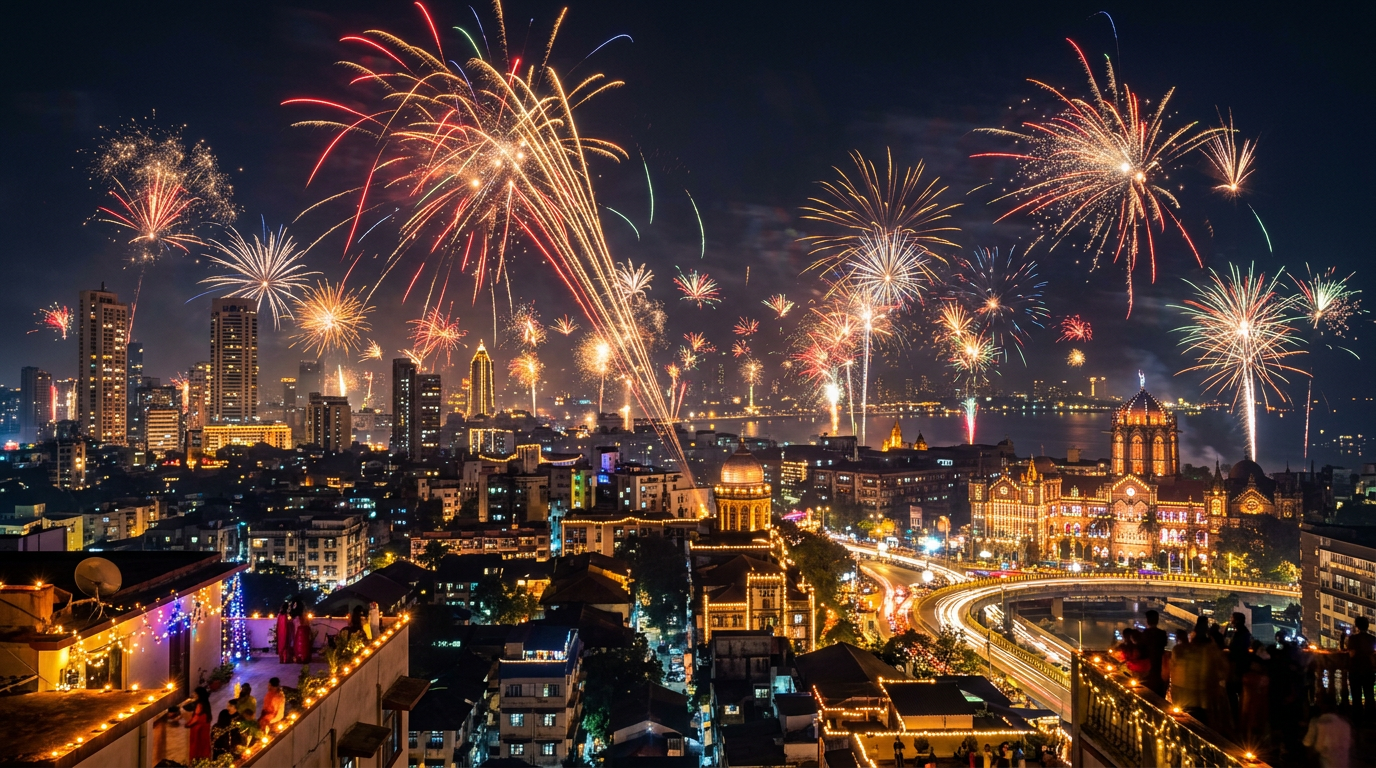 AI-generated Diwali fireworks over city skyline using Nano Banana prompts
