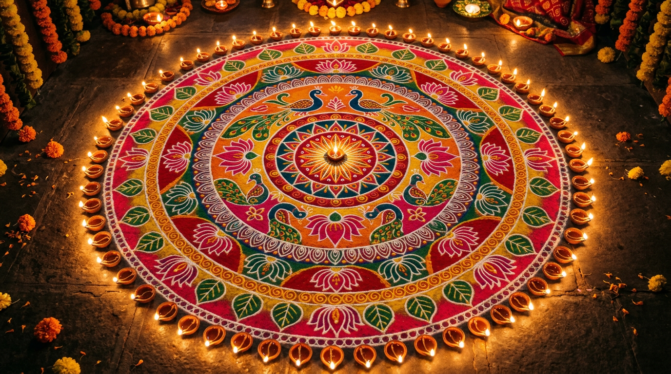 AI-generated overhead rangoli with diyas using Nano Banana Diwali prompts