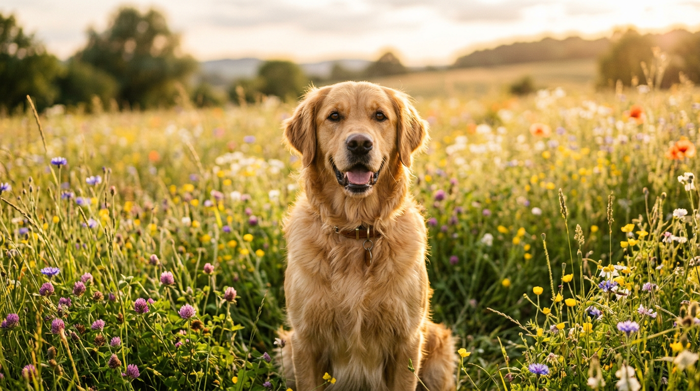 AI-generated golden retriever in a sunlit meadow created with Nano Banana