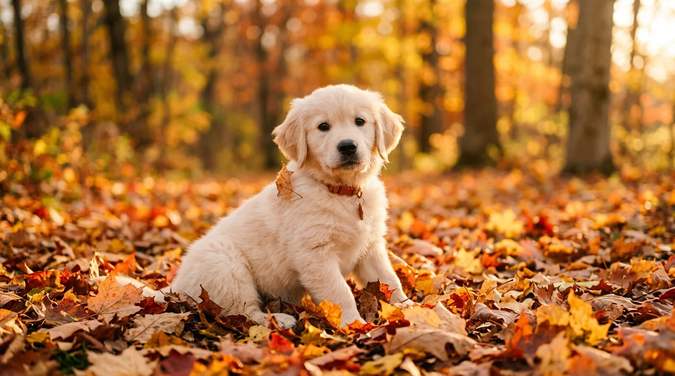 AI-generated puppy in autumn leaves using Nano Banana prompts