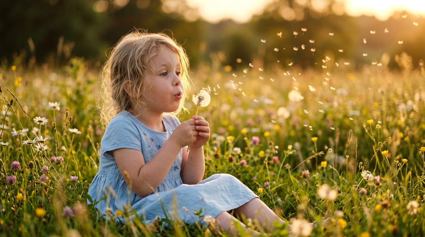 AI-generated child blowing dandelion in meadow using Nano Banana