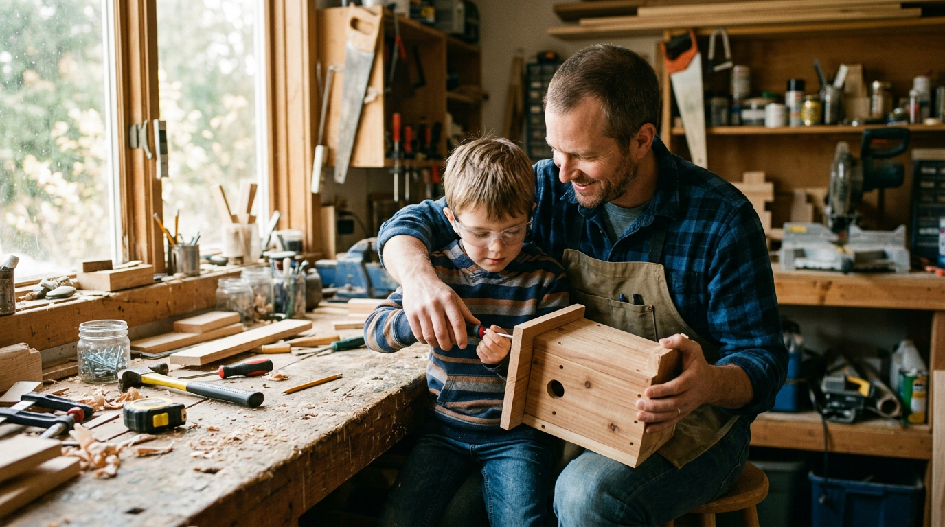 AI-generated father and son building birdhouse with Nano Banana
