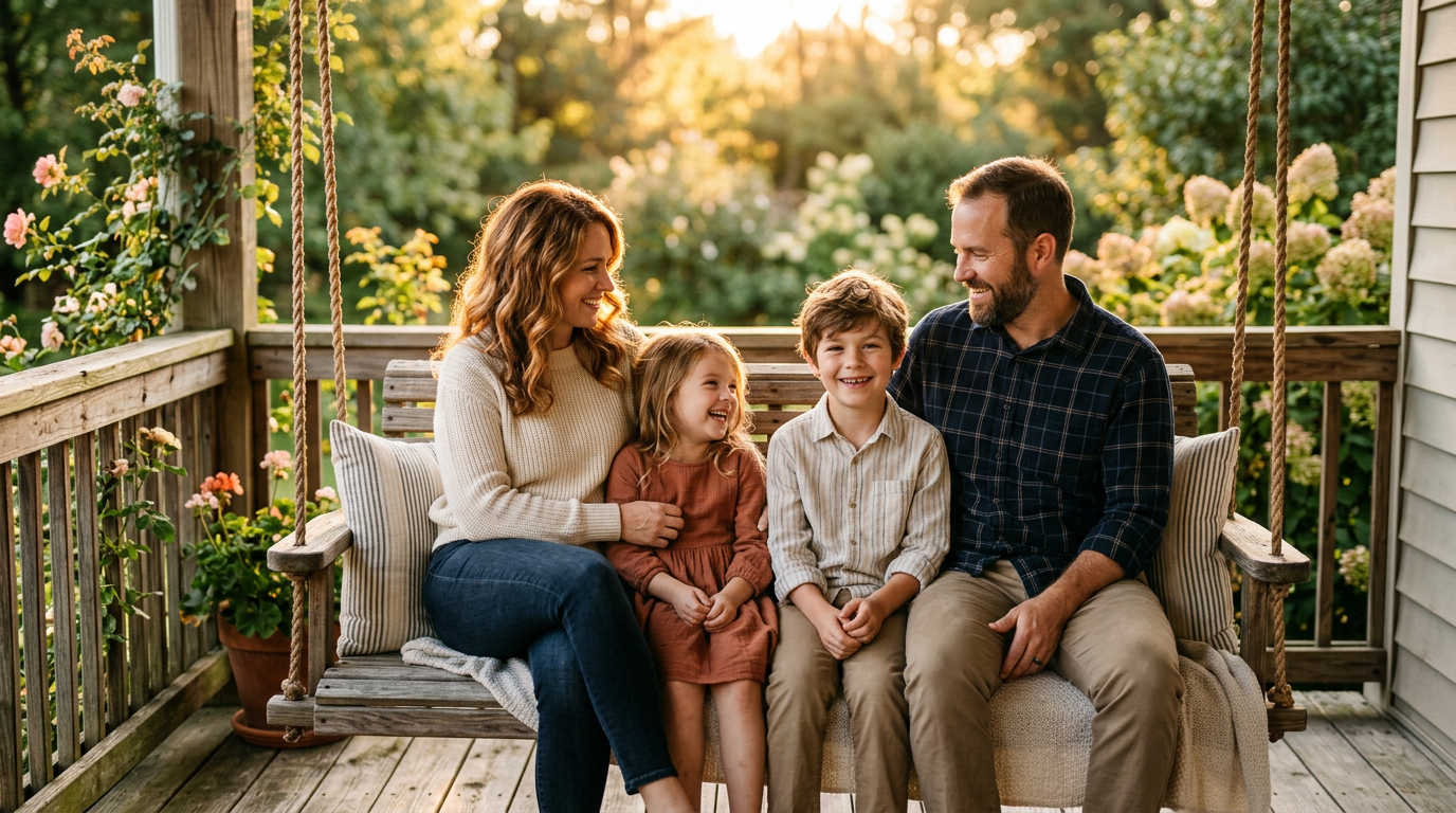 AI-generated family of four on porch swing at golden hour using Nano Banana