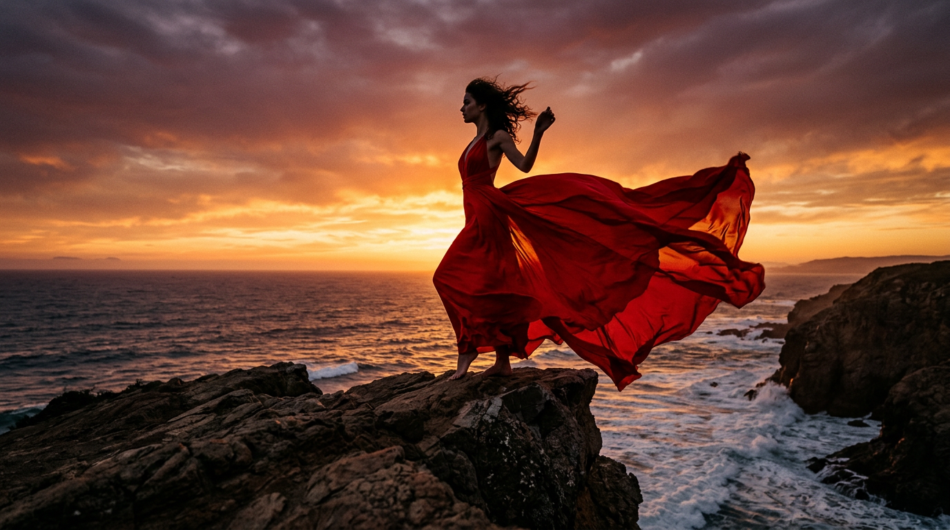 AI-generated flowing red silk gown editorial sunset fashion concept using Nano Banana prompts