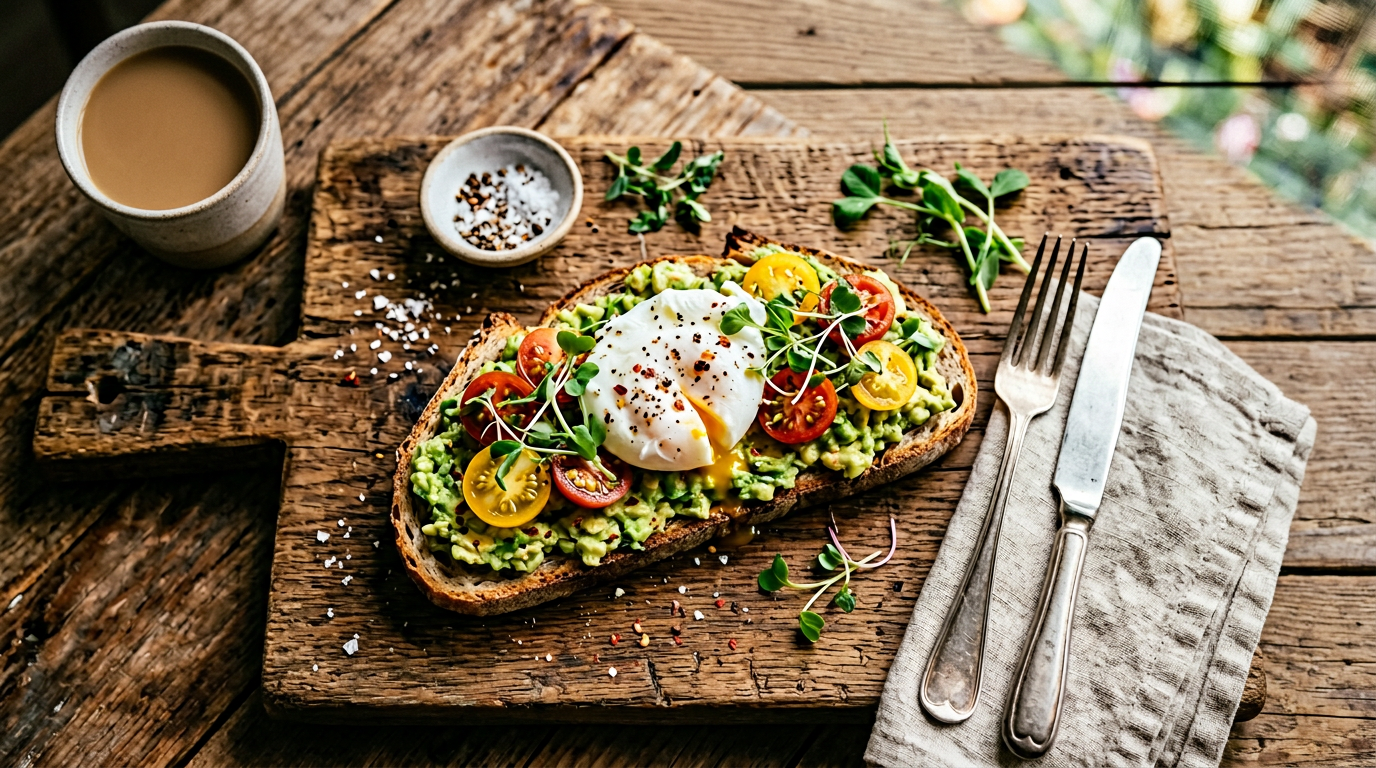 AI-generated overhead avocado toast flat lay using Nano Banana prompts