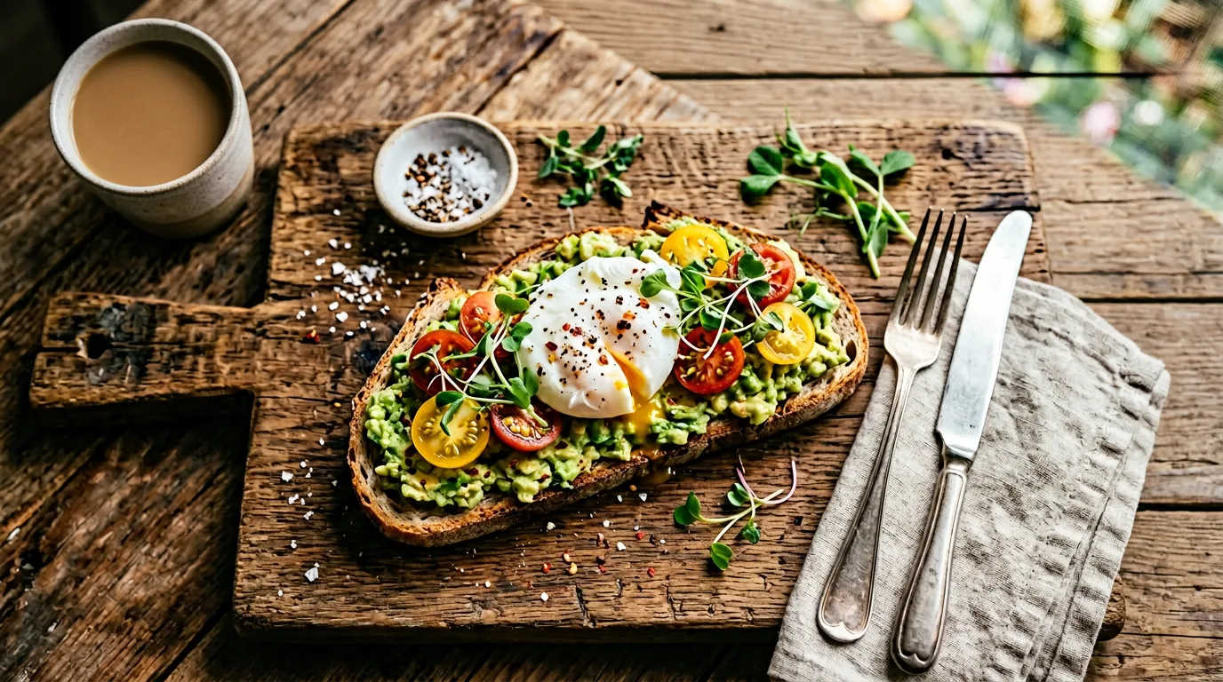 AI-generated overhead avocado toast flat lay using Nano Banana prompts