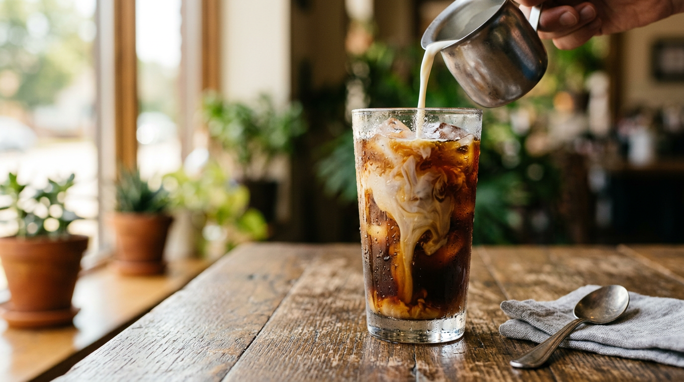 AI-generated iced coffee drink close-up with condensation using Nano Banana prompts