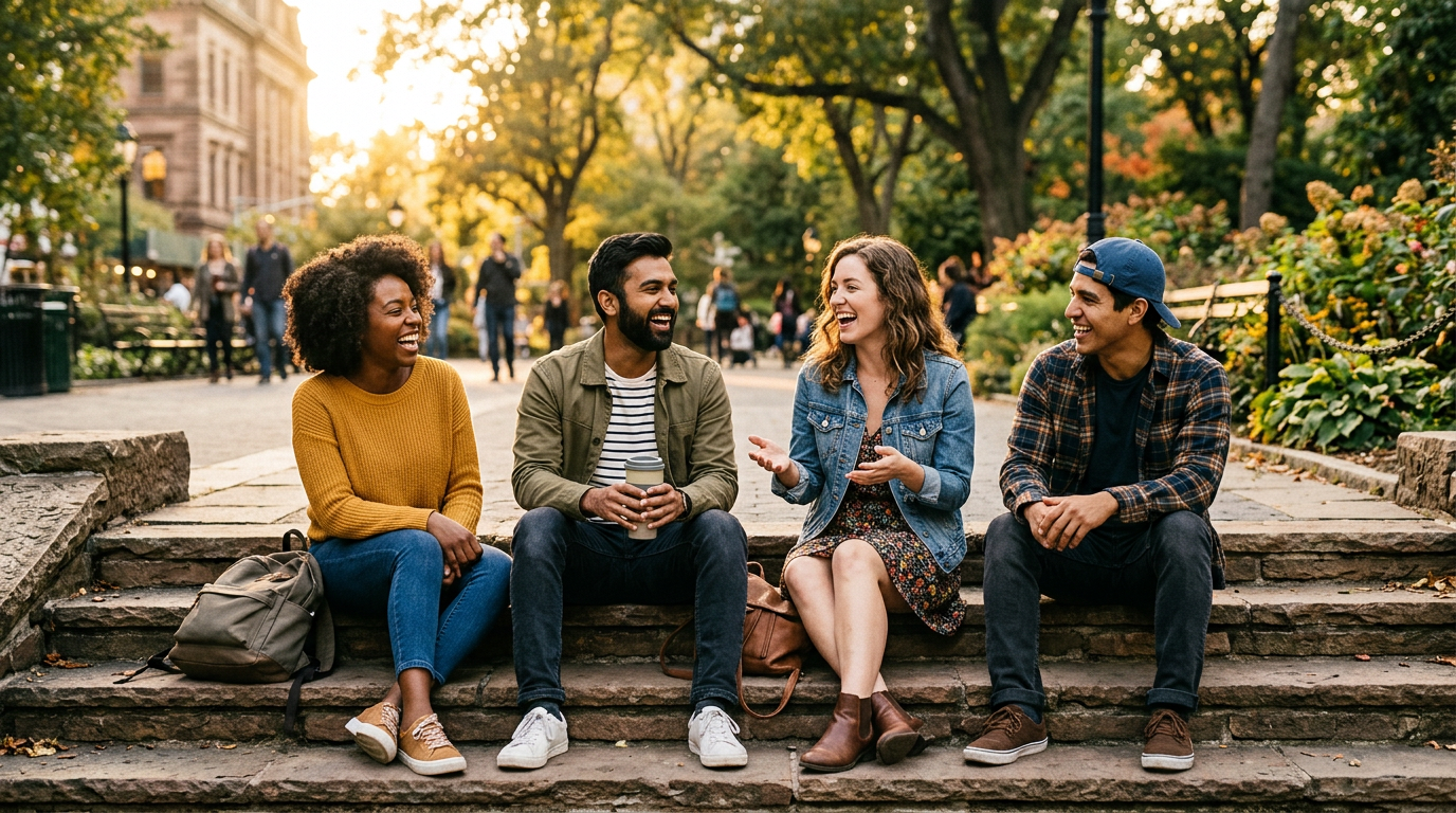 AI-generated group of friends laughing on park steps using Nano Banana