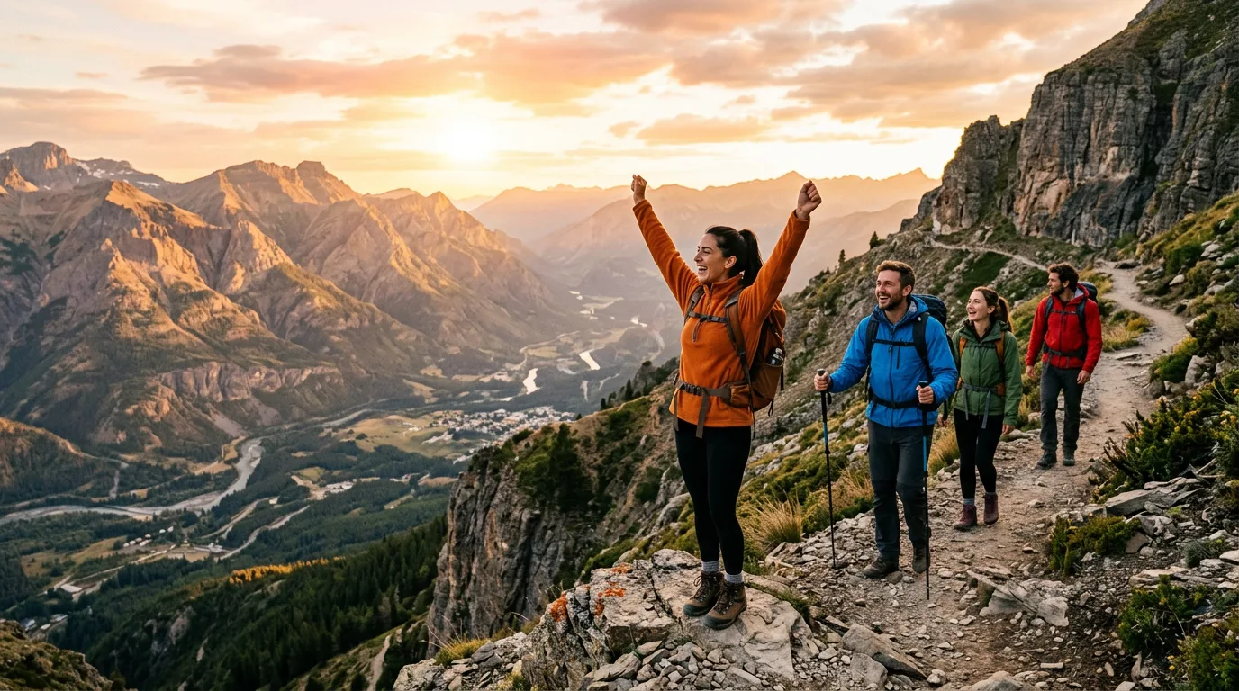 AI-generated friends hiking trail at golden hour using Nano Banana prompts