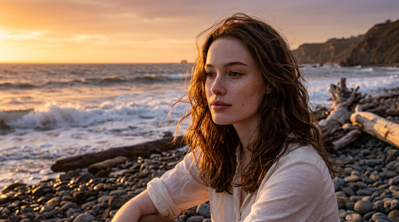 AI-generated natural beauty beach portrait using Nano Banana prompts