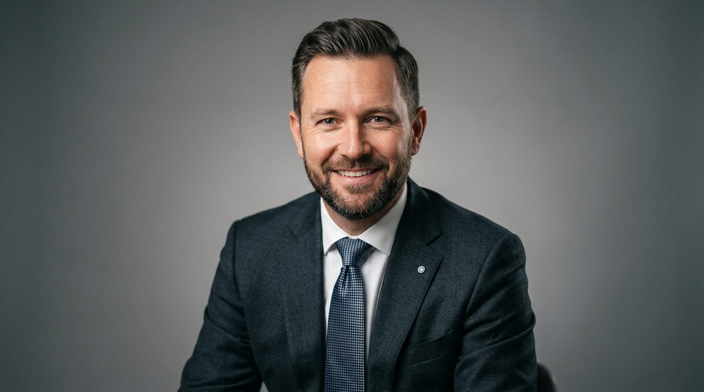 AI-generated corporate headshot of a man in a suit using Nano Banana