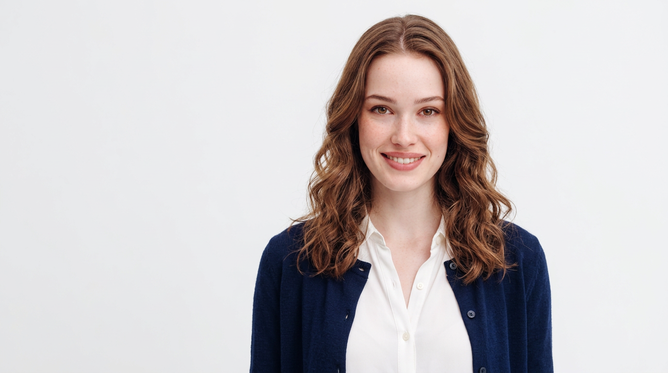 AI-generated LinkedIn headshot with a navy cardigan and clean white background, generated using Nano Banana