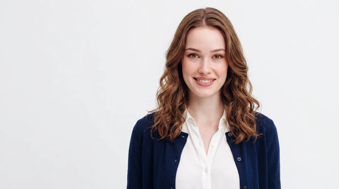 AI-generated LinkedIn headshot with a navy cardigan and clean white background, generated using Nano Banana