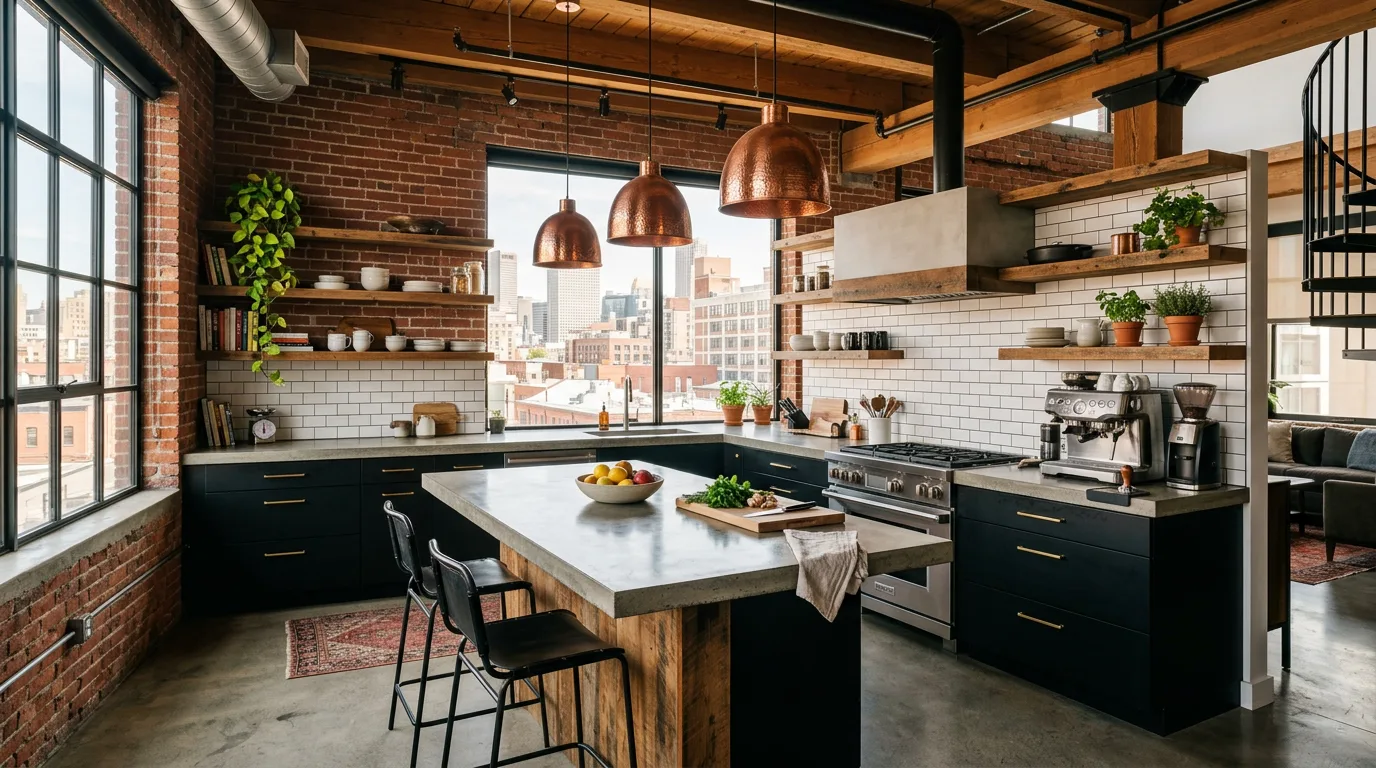 AI-generated industrial loft kitchen using Nano Banana interior design prompts