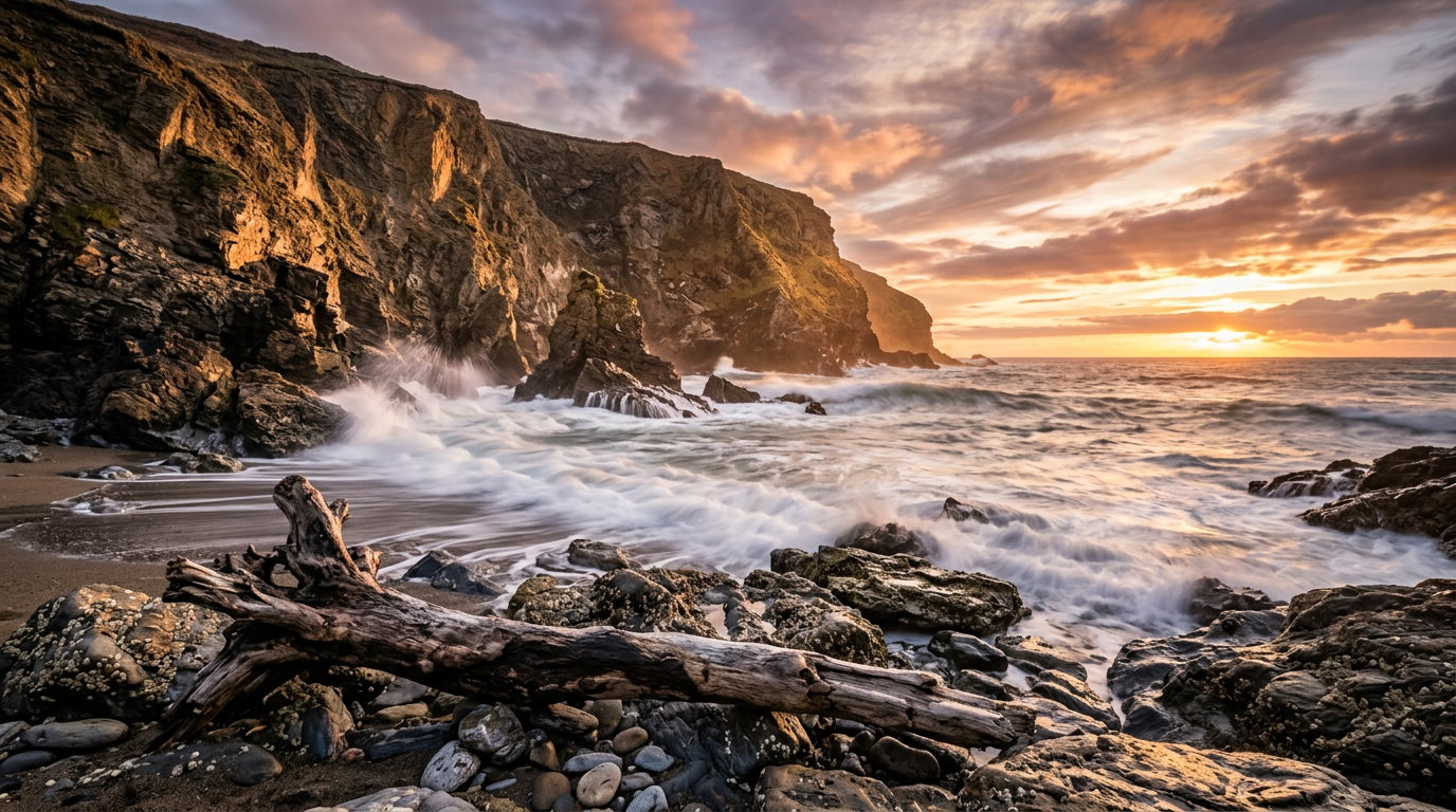 AI-generated coastal cliff landscape at golden hour using Nano Banana prompts on Morphed