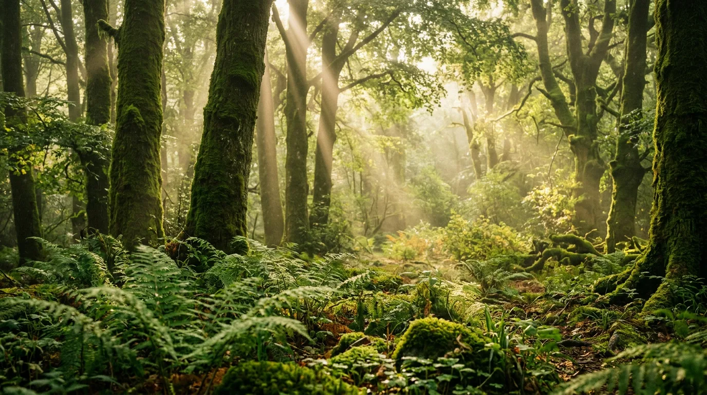AI-generated enchanted forest with sunbeams created using Nano Banana on Morphed