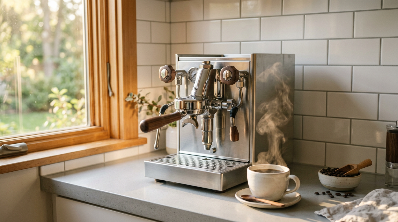 AI-generated premium coffee maker lifestyle product photo using Nano Banana prompts