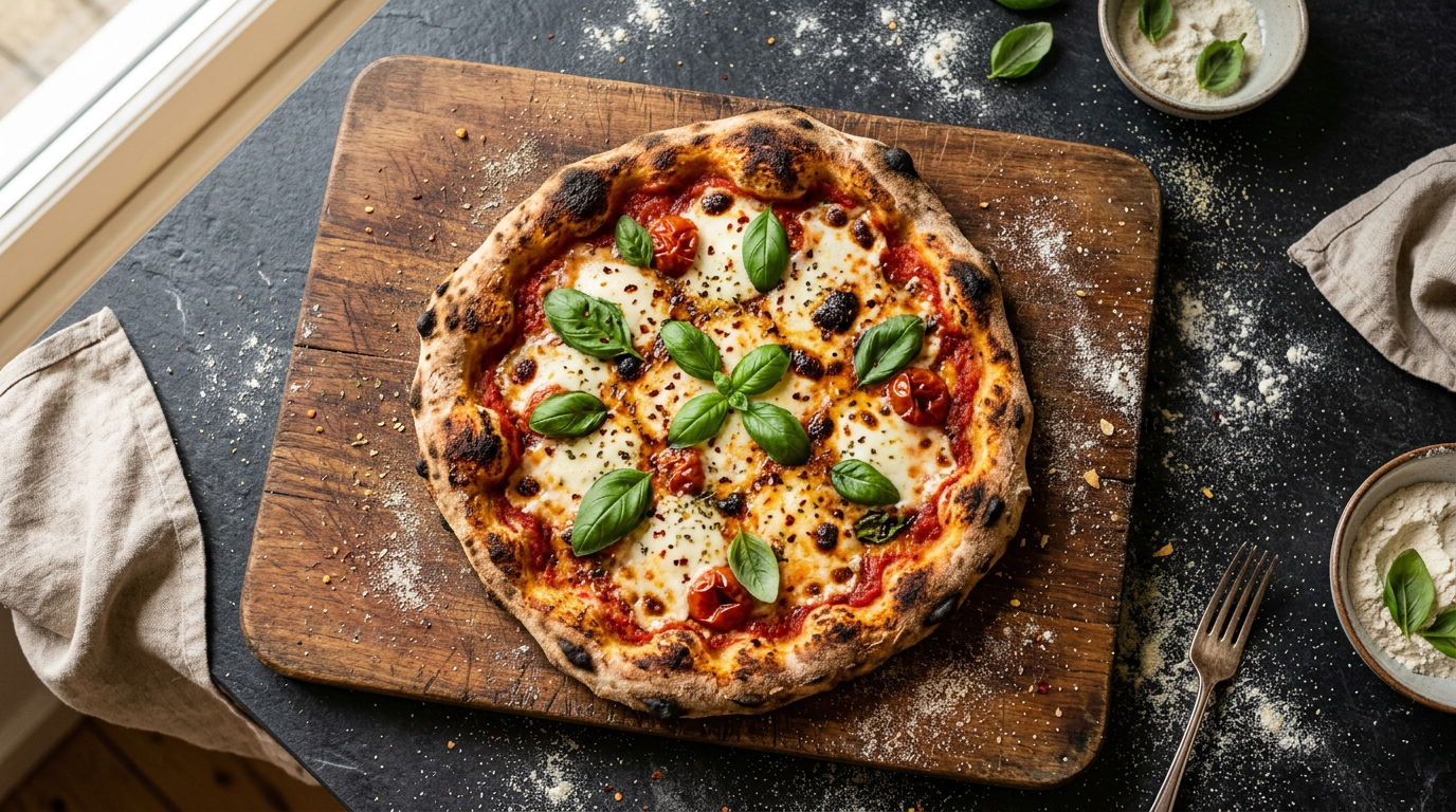 AI-generated rustic homemade pizza food photography using Nano Banana prompts