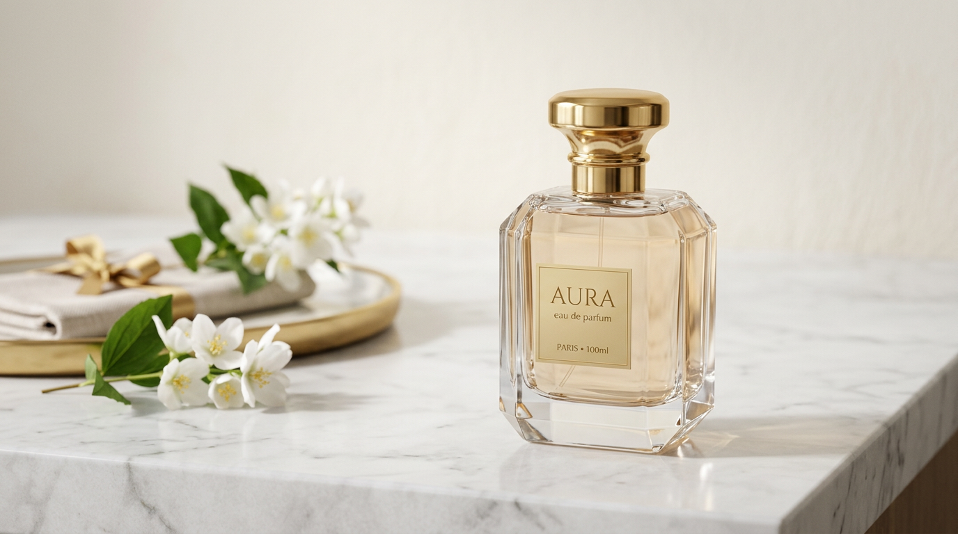 AI-generated product photography of a perfume bottle using Nano Banana