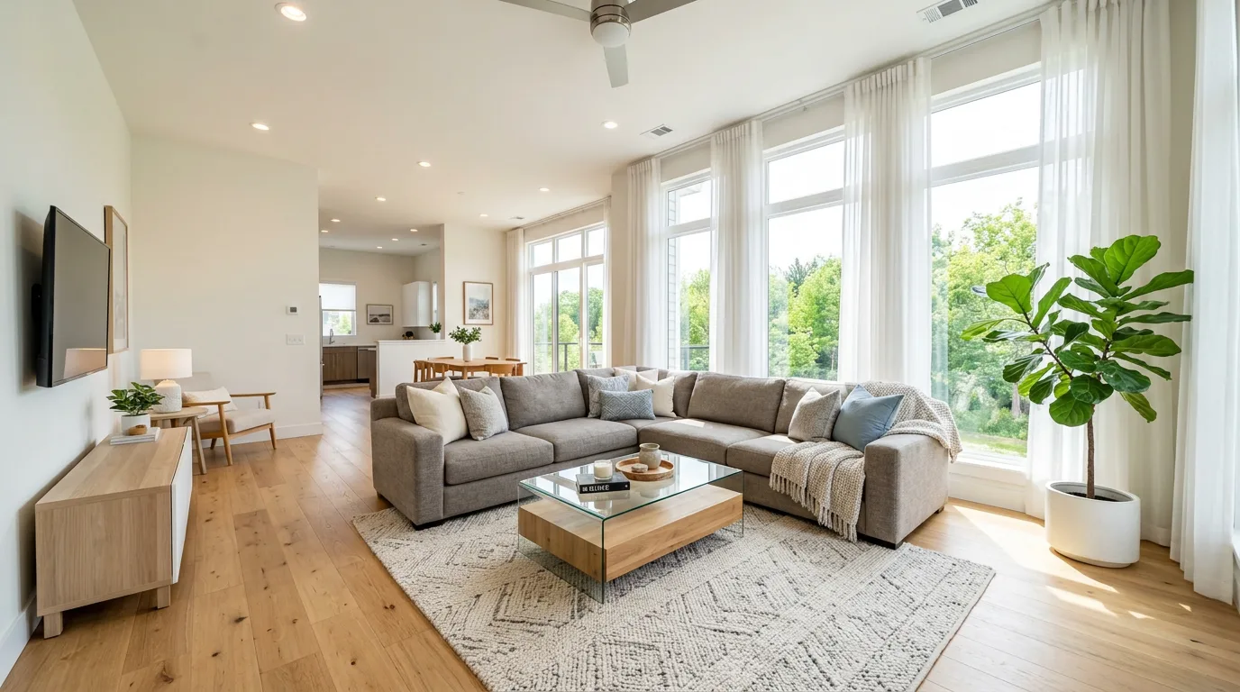 AI-generated virtually staged living room using Nano Banana real estate prompts