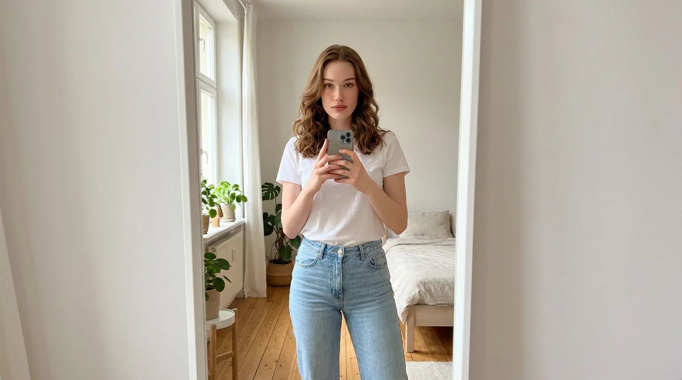 AI-generated mirror selfie in bedroom using Nano Banana prompts
