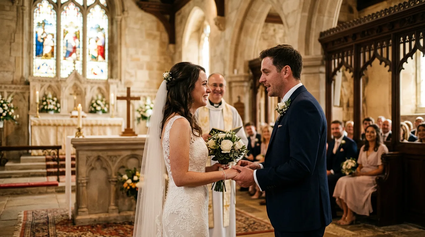 AI-generated wedding ceremony vows at altar with stained glass using Nano Banana prompts