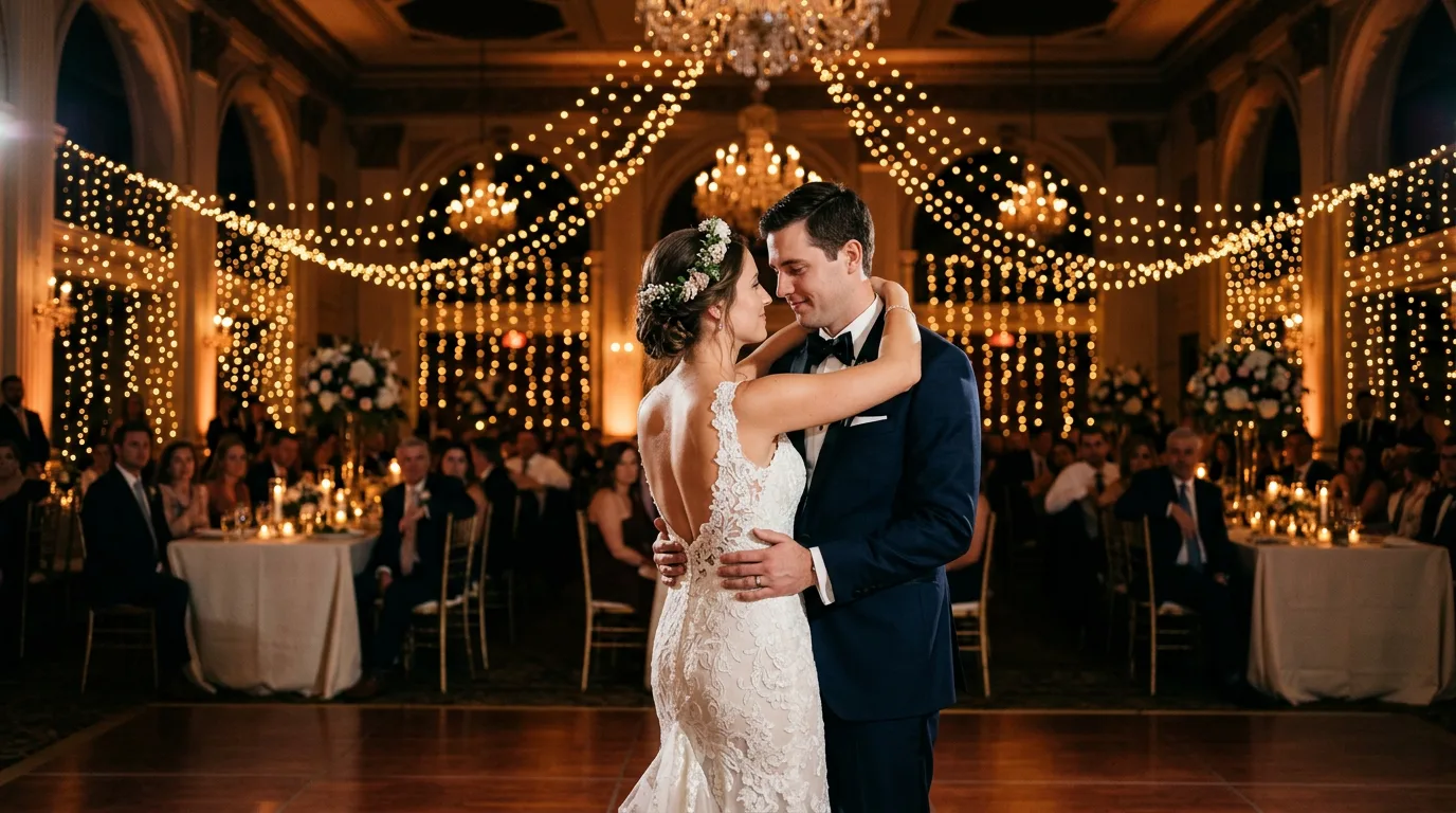 AI-generated wedding first dance with string lights bokeh using Nano Banana prompts